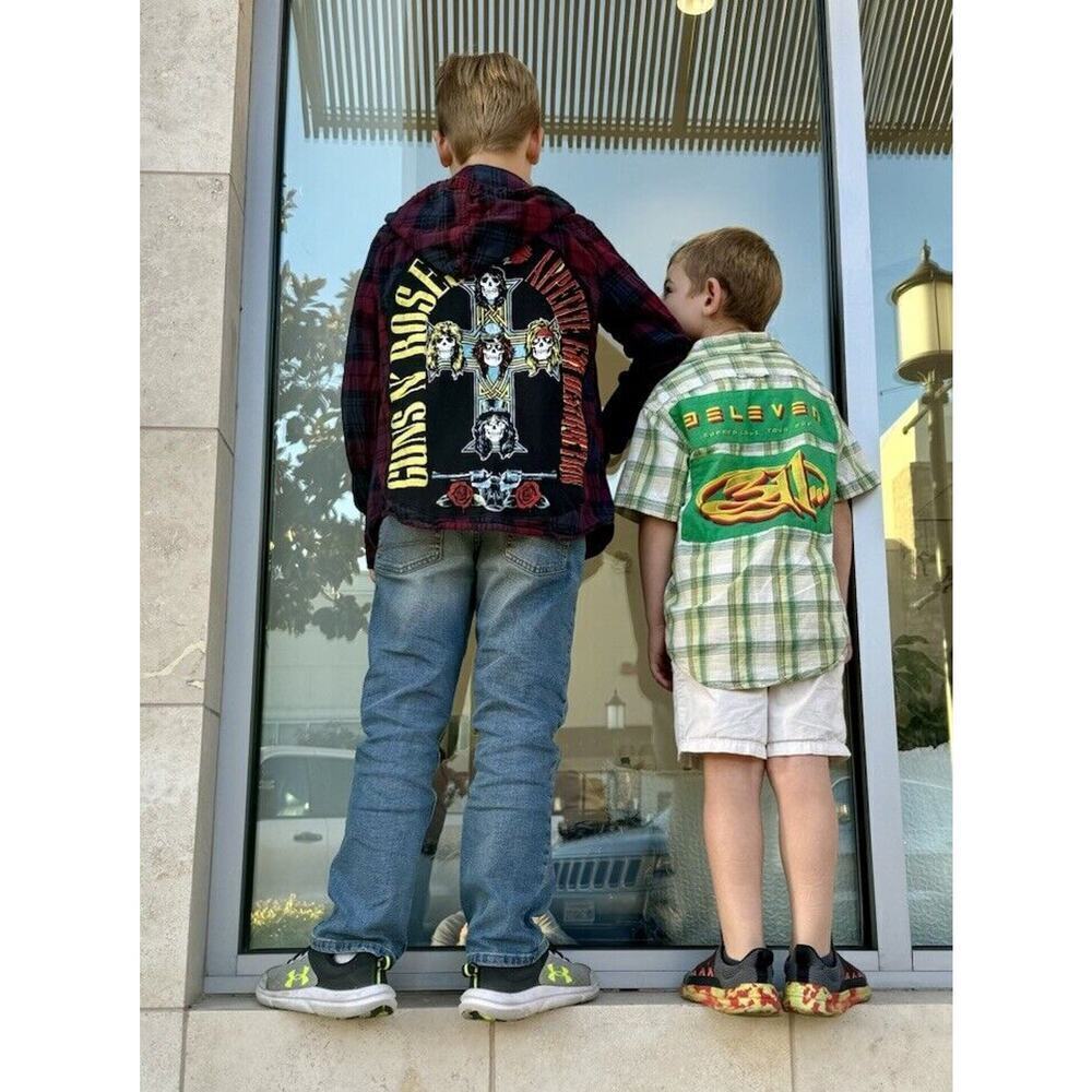 GUNS ‘N ROSES 80s Rock Retro Vintage Upcycled Plaid Hooded Flannel Kids Shirt M - Picture 2 of 11